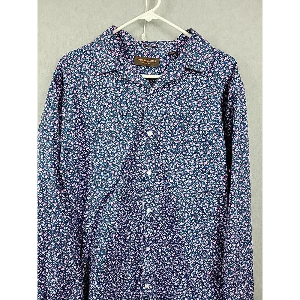 Fairlane & Sons 100% Cotton Blue Tiny Floral Long Sleeve Button Up Shirt Mens XL - Picture 2 of 12